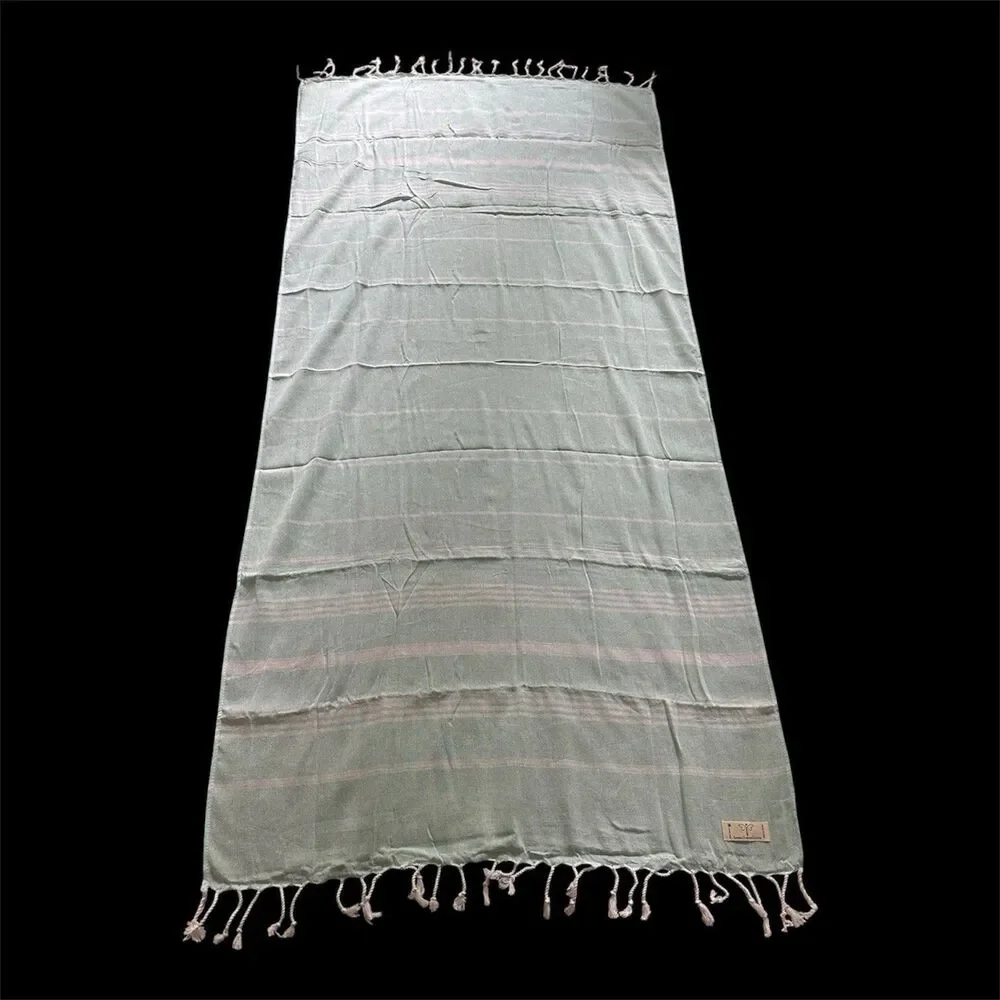 Smyrna Turkish Cotton Towel Mint Green White Striped Beach Bath Peshtemal 37x71